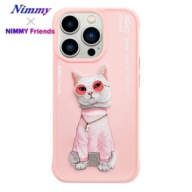 Nimmy iPhone 15 Pro Uyumlu | 3D Nakış İşlemeli Zincir ve Gözlük Detaylı Beyaz Kedi Desenli Silikon Kılıf