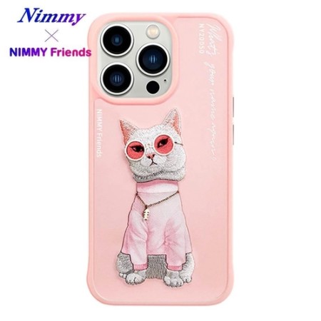 Nimmy iPhone 15 Pro Uyumlu | 3D Nakış İşlemeli Zincir ve Gözlük Detaylı Beyaz Kedi Desenli Silikon Kılıf