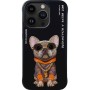 Nimmy iPhone 15 Pro Max Dog Serisi Nakış İşlemeli Gözlük Detaylı Siyah Telefon Kılıfı